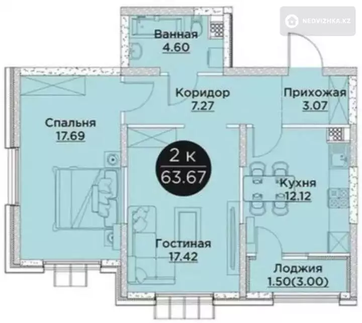 2-комнатная квартира, этаж 5 из 9, 64 м², фотография 5