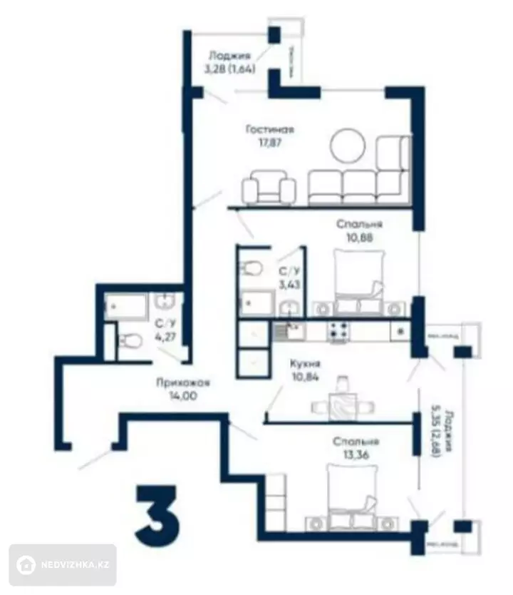3-комнатная квартира, этаж 10 из 15, 80 м²