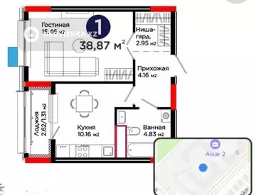 1-комнатная квартира, этаж 5 из 9, 39 м², миниатюра 1