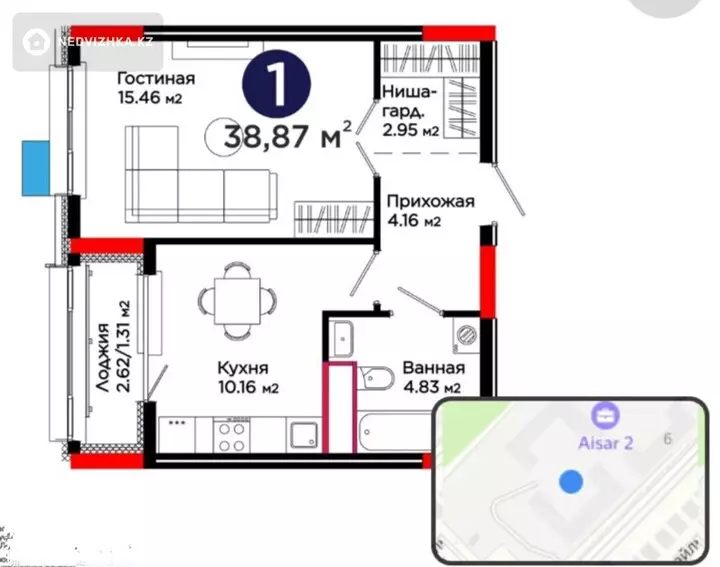 1-комнатная квартира, этаж 5 из 9, 39 м²