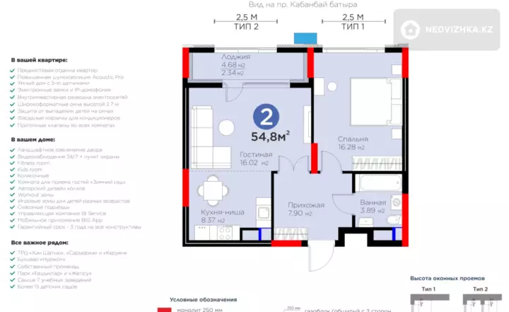 2-комнатная квартира, этаж 8 из 16, 55 м²