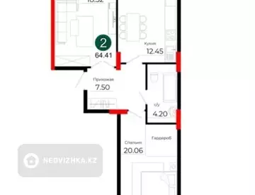 2-комнатная квартира, этаж 9 из 12, 64 м², миниатюра 1