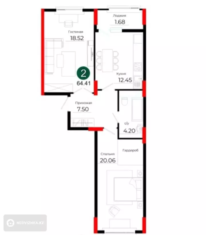 2-комнатная квартира, этаж 9 из 12, 64 м²
