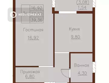 1-бөлмелі пәтер, қабат 6 барлық қабат саны 7, 40 м², 6-нобай
