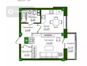 1-комнатная квартира, этаж 8 из 9, 38 м², миниатюра 3