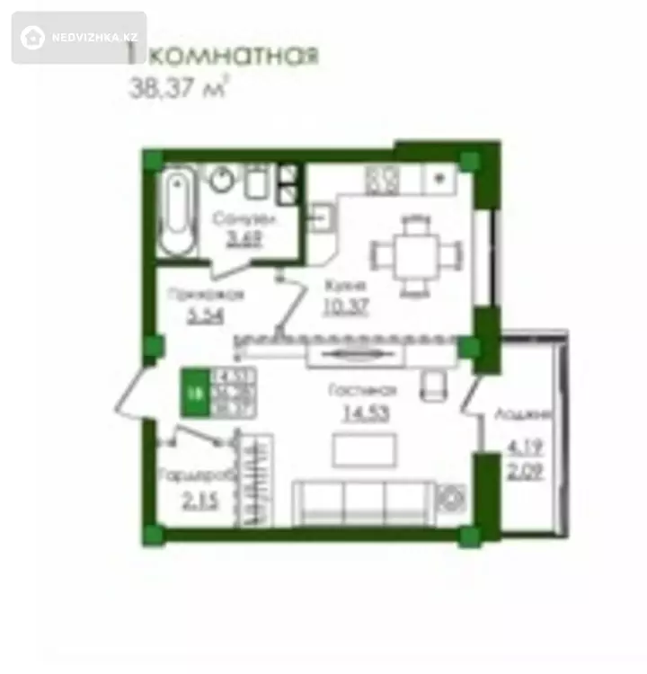1-комнатная квартира, этаж 8 из 9, 38 м², фотография 3