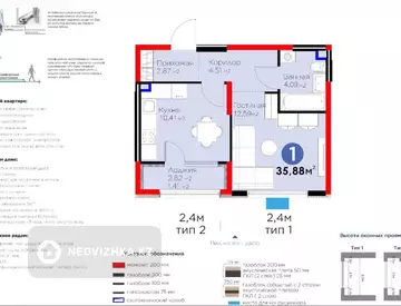 1-комнатная квартира, этаж 2 из 6, 36 м², миниатюра 2