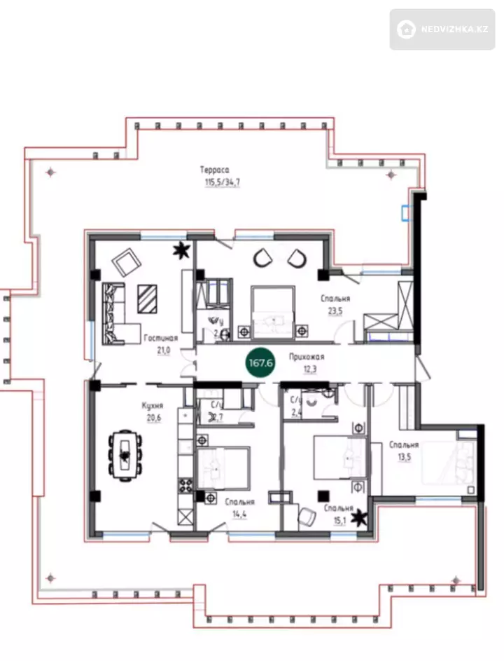 5-комнатная квартира, этаж 4 из 4, 168 м², фотография 3