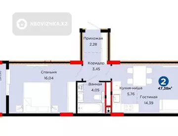 2-комнатная квартира, этаж 7 из 9, 47 м², миниатюра 1