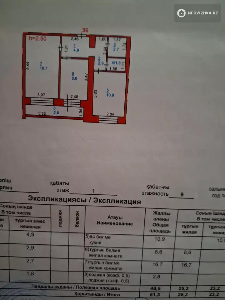 2-комнатная квартира, этаж 1 из 9, 51 м²