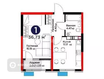 1-бөлмелі пәтер, қабат 11 барлық қабат саны 12, 36 м², 12-нобай