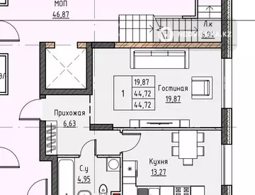 1-комнатная квартира, этаж 1 из 3, 45 м², миниатюра 4