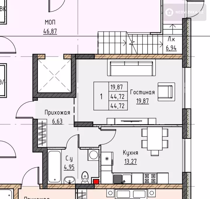1-комнатная квартира, этаж 1 из 3, 45 м², 4-фотосурет