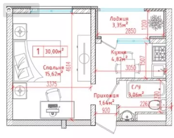 1-комнатная квартира, этаж 7 из 9, 30 м²