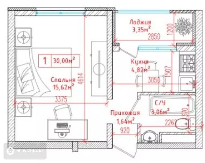 1-комнатная квартира, этаж 7 из 9, 30 м², фотография 2
