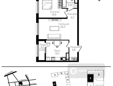 2-комнатная квартира, этаж 9 из 9, 62 м²