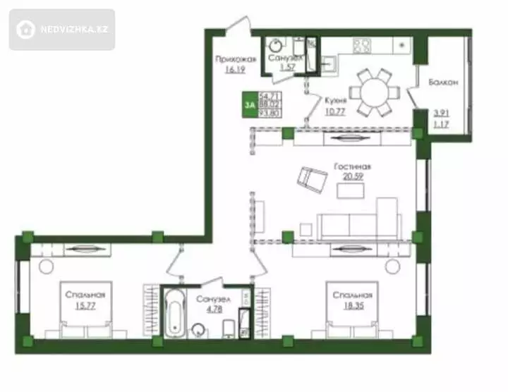 2-комнатная квартира, этаж 5 из 9, 62 м²