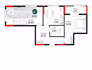 2-бөлмелі пәтер, қабат 9 барлық қабат саны 18, 63 м², 4-нобай