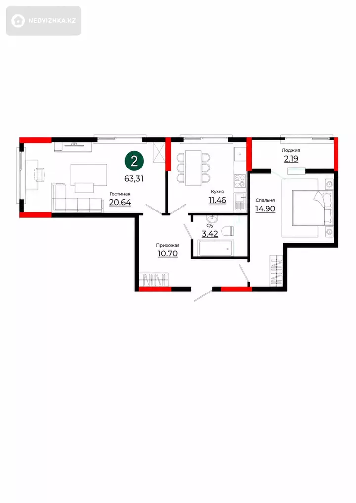 2-комнатная квартира, этаж 9 из 18, 63 м², фотография 4