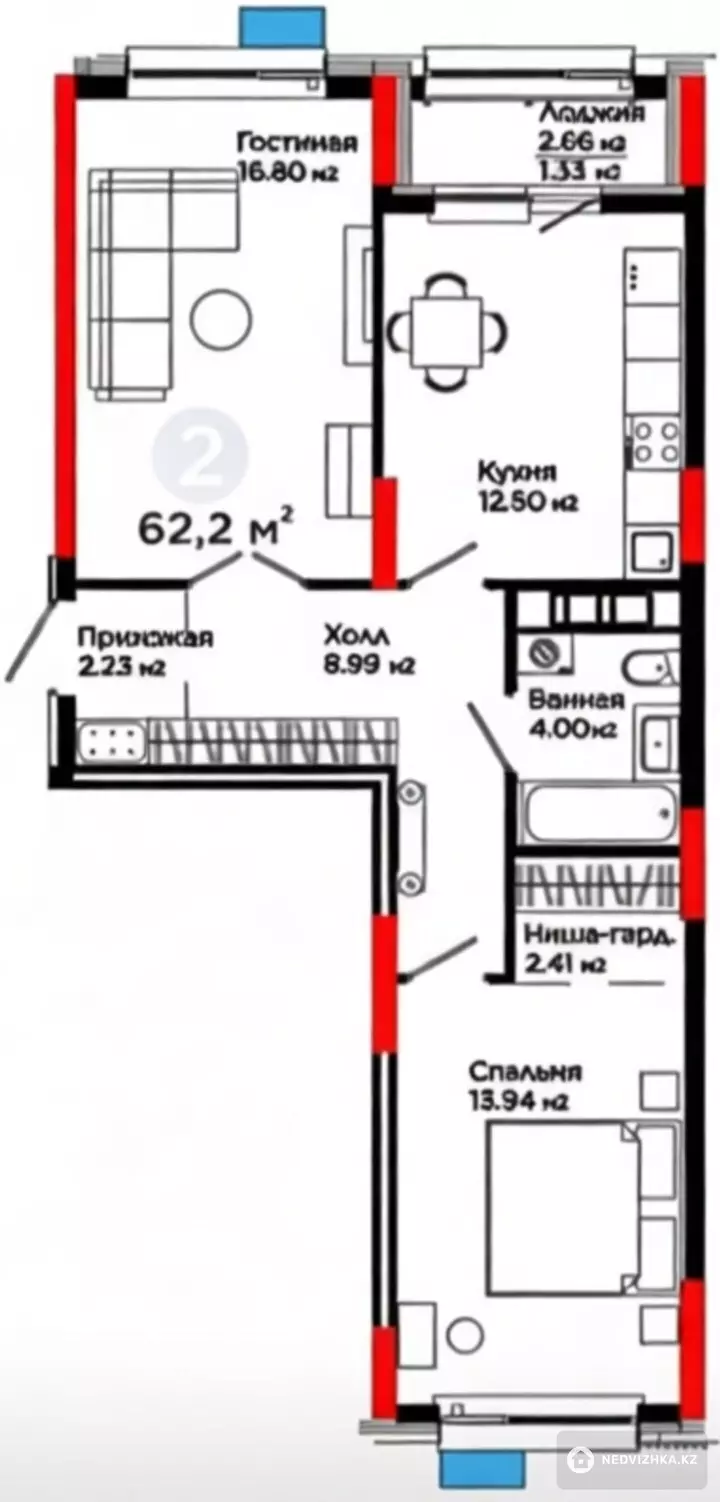 2-бөлмелі пәтер, қабат 7 барлық қабат саны 9, 62 м²