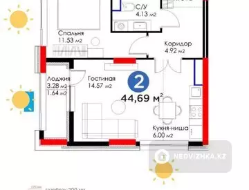 2-комнатная квартира, этаж 14 из 17, 44 м², миниатюра 1