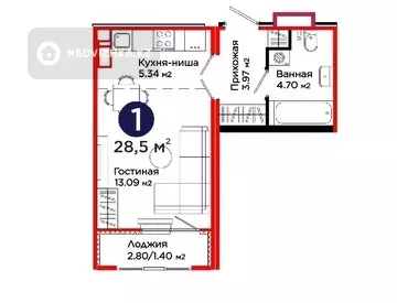 1-комнатная квартира, этаж 3 из 9, 29 м²