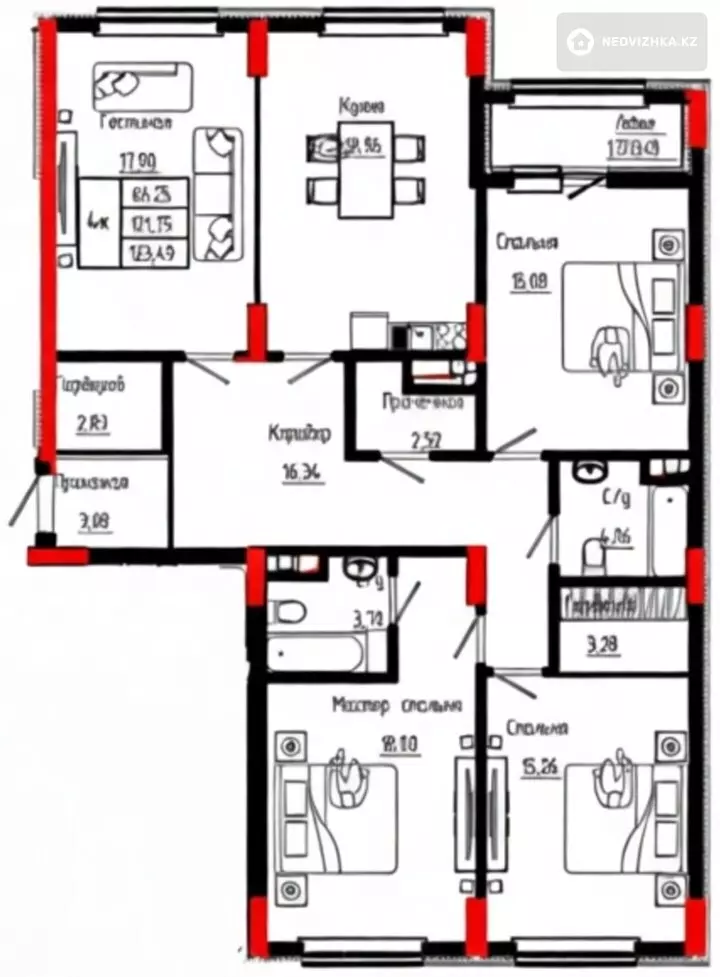 4-комнатная квартира, этаж 2 из 9, 123 м²
