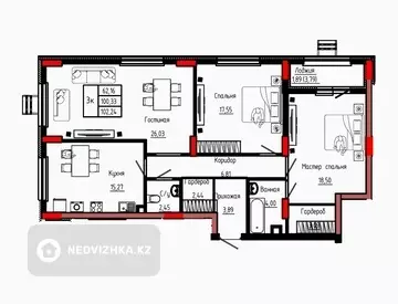 3-комнатная квартира, этаж 2 из 9, 102 м², миниатюра 1
