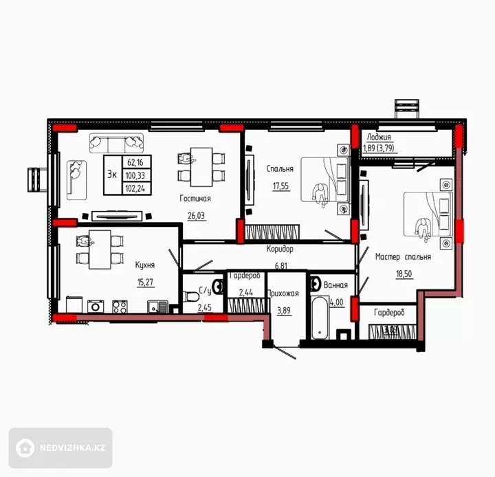 3-комнатная квартира, этаж 2 из 9, 102 м²