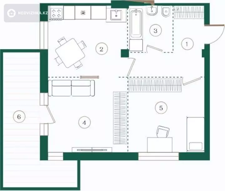 2-бөлмелі пәтер, қабат 2 барлық қабат саны 3, 58 м², 3-фотосурет