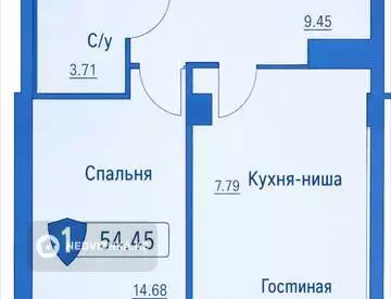 1-комнатная квартира, этаж 8 из 9, 54 м²