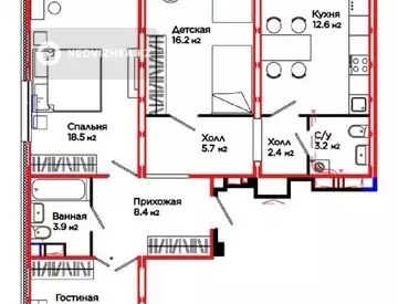 3-бөлмелі пәтер, қабат 7 барлық қабат саны 14, 91 м², 10-нобай