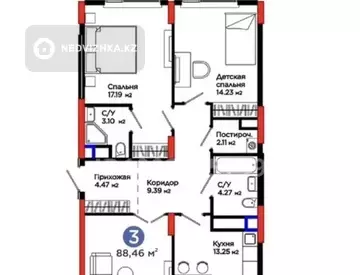 3-комнатная квартира, этаж 3 из 9, 88 м²