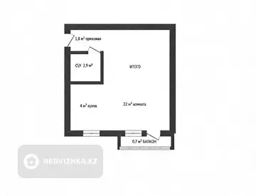 1-бөлмелі пәтер, қабат 4 барлық қабат саны 4, 31 м², 9-нобай