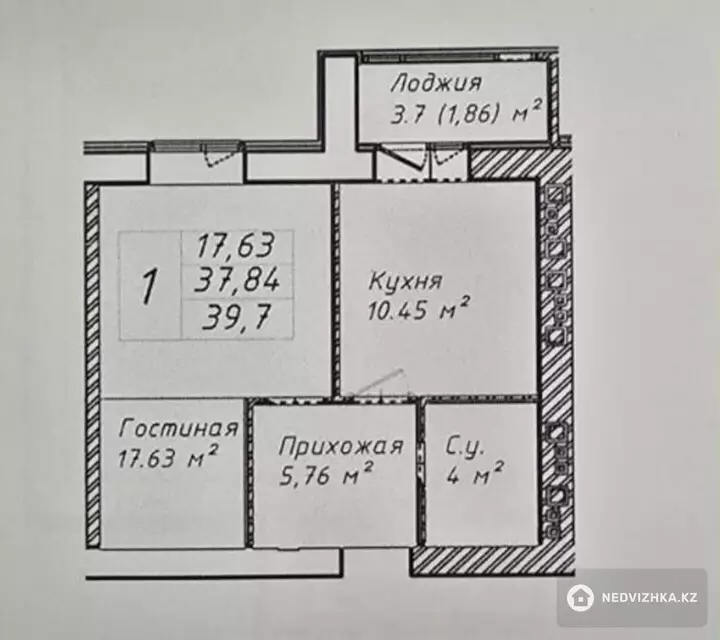 1-комнатная квартира, этаж 2 из 12, 40 м²