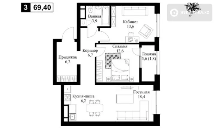 3-бөлмелі пәтер, қабат 7 барлық қабат саны 12, 69 м²