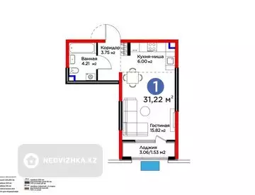 1-комнатная квартира, этаж 8 из 9, 32 м²