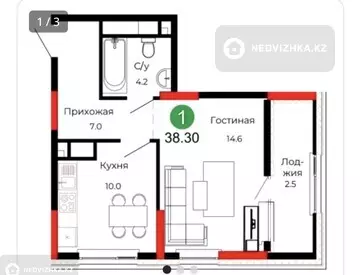 1-комнатная квартира, этаж 17 из 18, 38 м², миниатюра 1