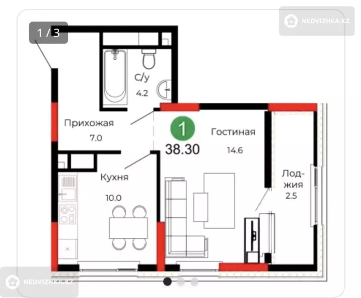 1-комнатная квартира, этаж 17 из 18, 38 м²