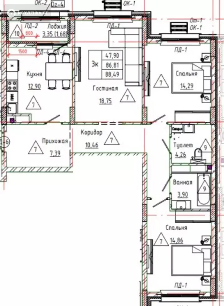 3-комнатная квартира, этаж 5 из 17, 88 м²
