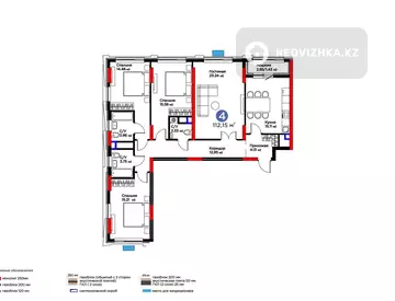 4-бөлмелі пәтер, қабат 6 барлық қабат саны 17, 113 м², 3-нобай