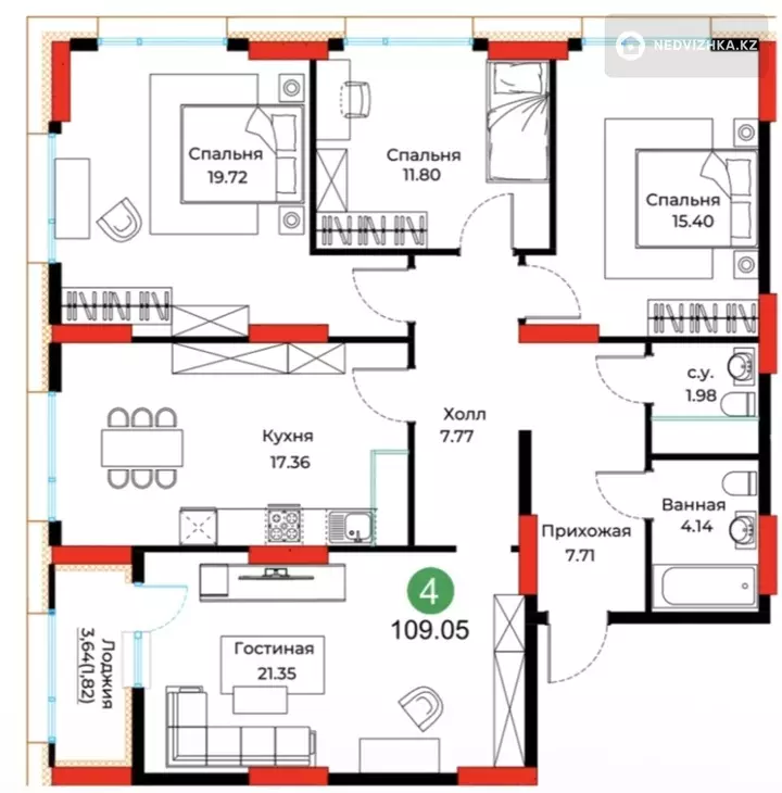 4-комнатная квартира, этаж 8 из 12, 111 м², фотография 2