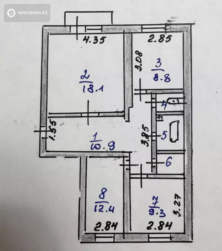 3-комнатная квартира, этаж 4 из 9, 68 м², фотография 2