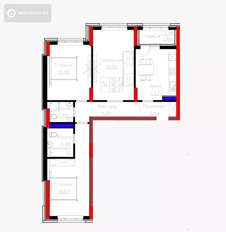 3-комнатная квартира, этаж 13 из 14, 87 м²