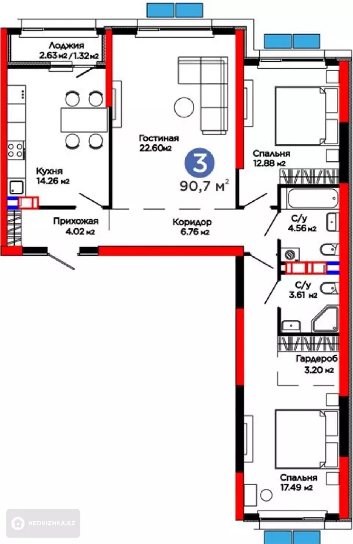 3-комнатная квартира, этаж 8 из 12, 91 м², фотография 2