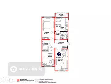 3-бөлмелі пәтер, қабат 2 барлық қабат саны 9, 86 м², 7-нобай