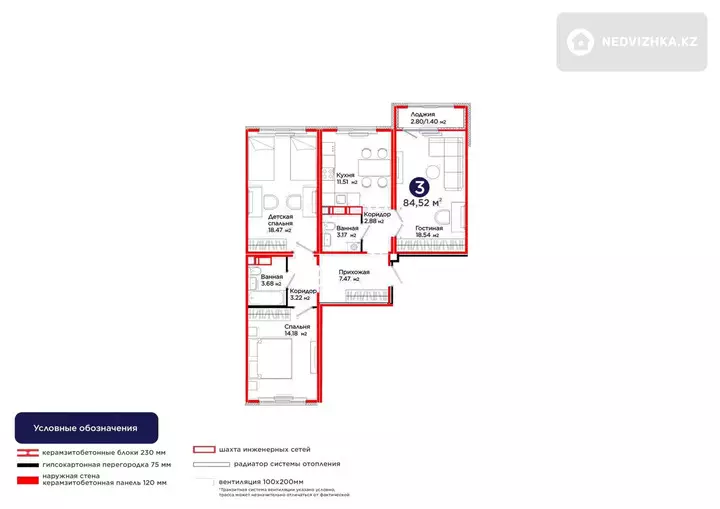 3-комнатная квартира, этаж 5 из 9, 85 м², фотография 2
