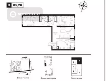 3-бөлмелі пәтер, қабат 9 барлық қабат саны 9, 85 м², 1-нобай