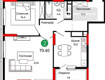 2-комнатная квартира, этаж 21 из 22, 70 м², миниатюра 6