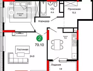 2-комнатная квартира, этаж 20 из 22, 70 м², миниатюра 4